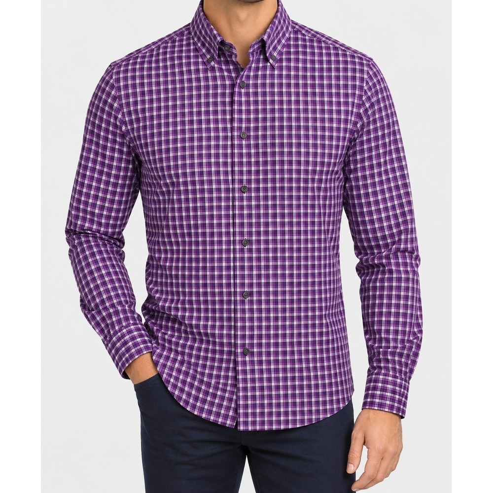 Claiborne Men's Medium Slim Fit Purple Plaid Button Down Shirt 100% Cotton